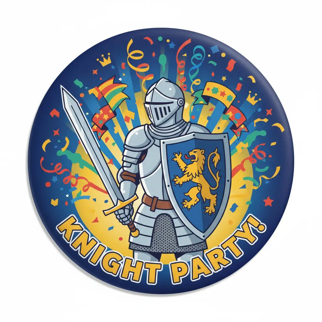 Round knight party pinback button with armored knight, sword, shield lion crest and text