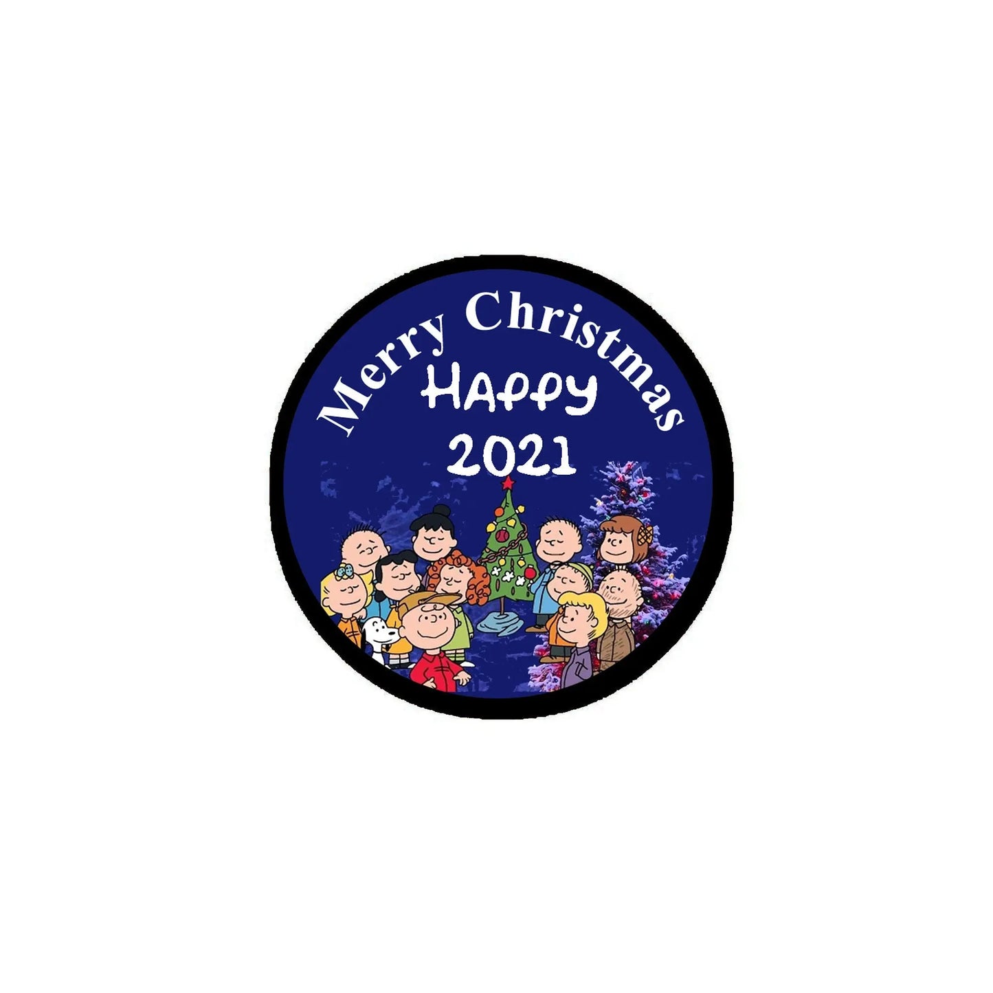 2.25-inch round Christmas pinback button with cartoon people and โMerry Christmas Happy 2021โ