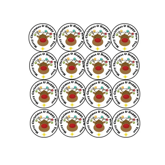 Set of 16 circular pinback buttons with red holiday icons and Merry Christmas text