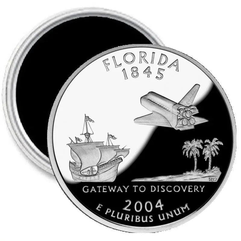 Florida State quarter fridge magnet, circular silver border with airplane, ship, palm, 2004