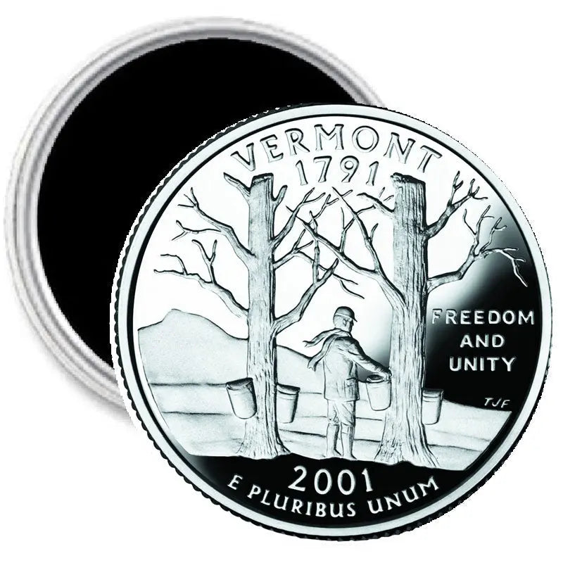 Silver-toned Vermont state quarter mint pinback with trees, figure, Freedom and Unity, 2001