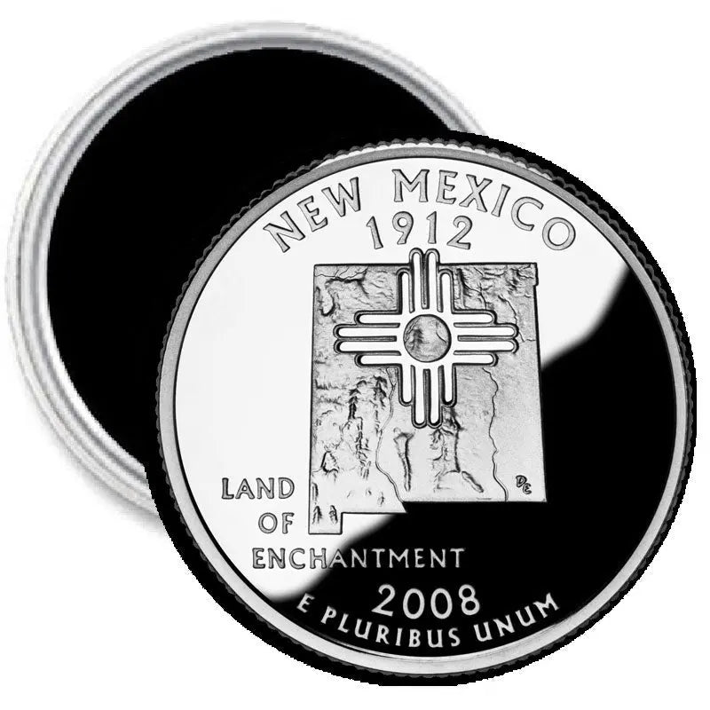 Round silver coin-style magnet: Zia sun with “Land of Enchantment” and 2008