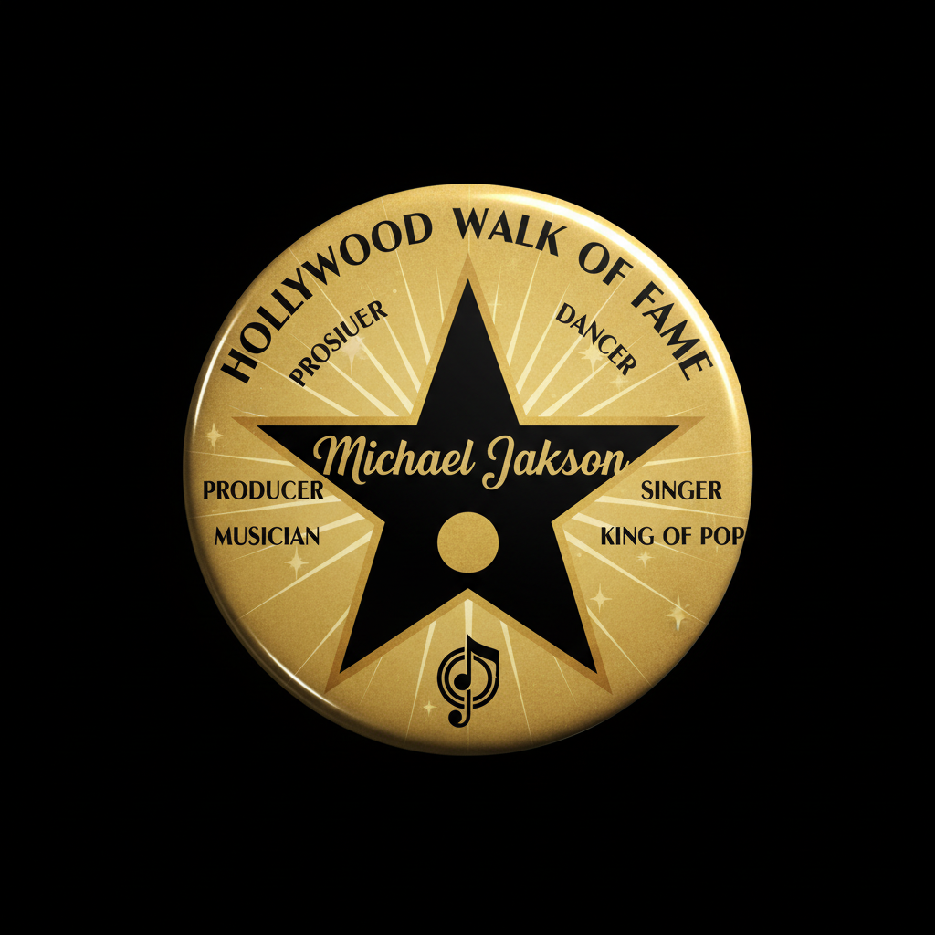 Gold round Hollywood Walk of Fame lapel pin with black star and Michael Jackson text