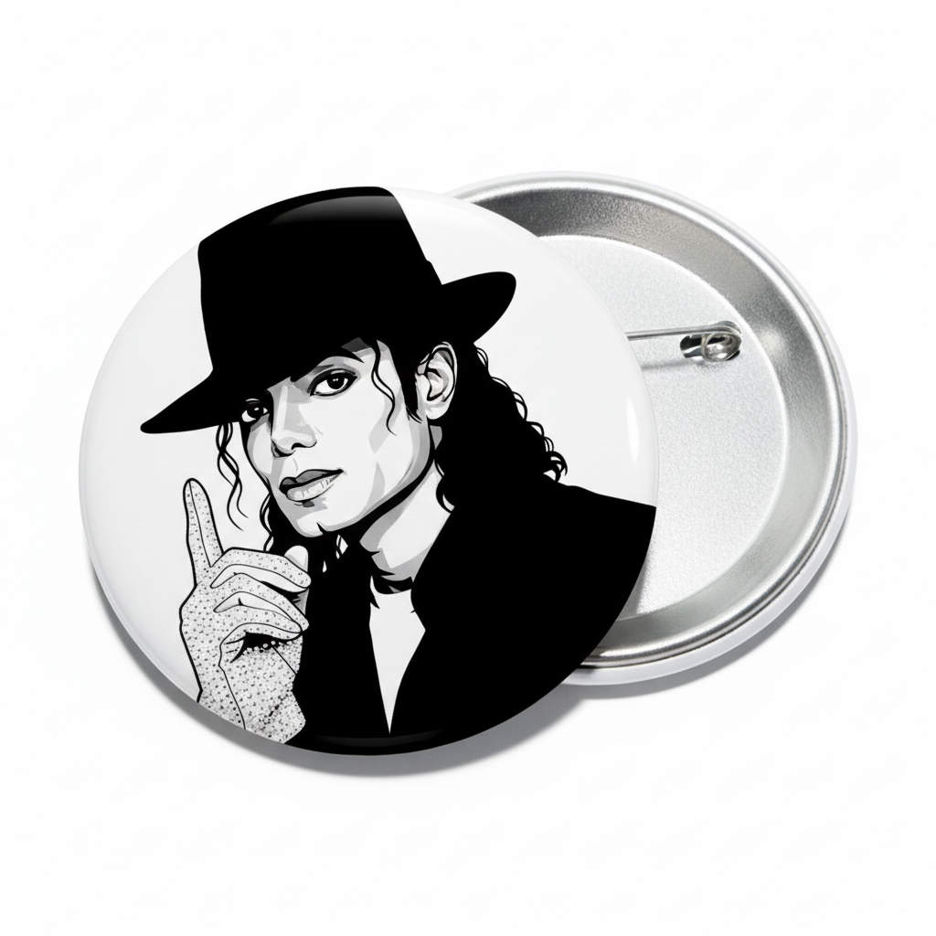 2.25-inch round pinback badge with black-and-white Michael Jackson drawing, silver back