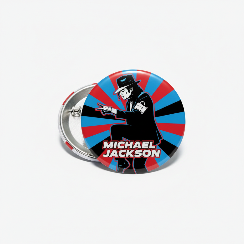 Michael Jackson pinback button, circular graphic with black outfit figure and red-blue rays