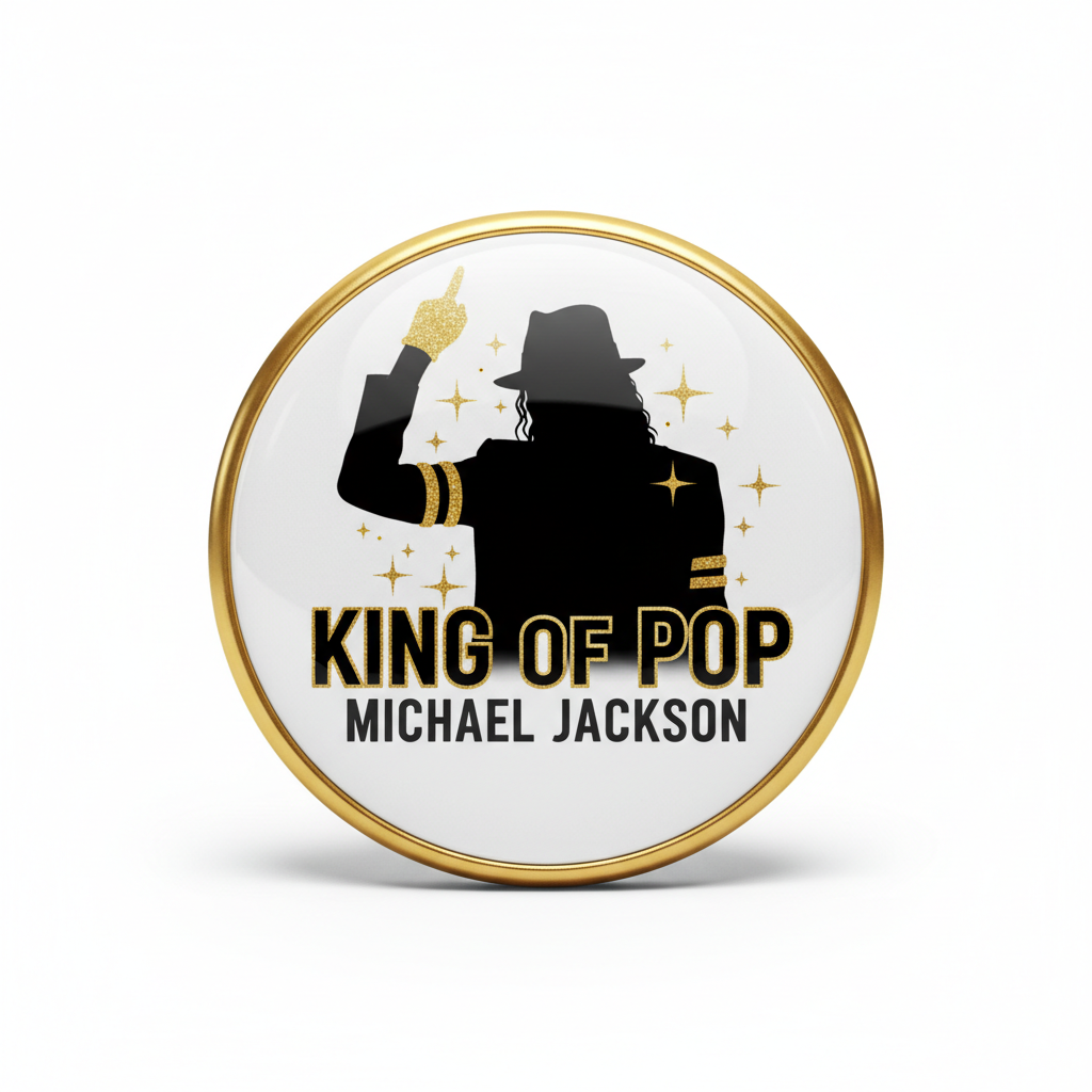 King of Pop tribute pinback button with gold border and black hat design