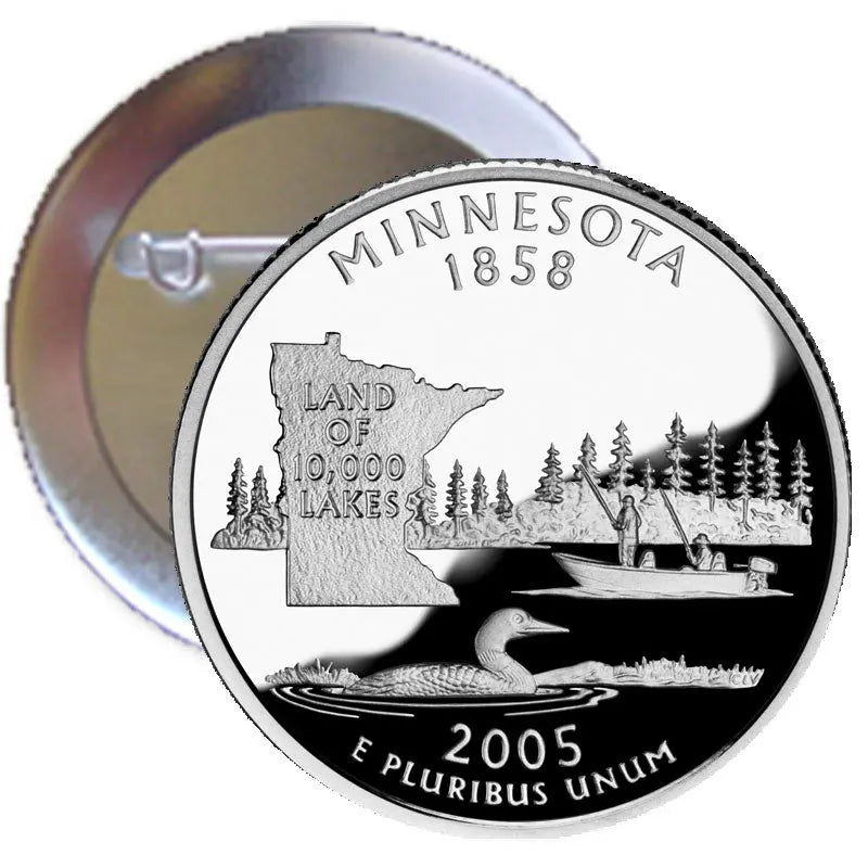 Minnesota state quarter pinback button, silver and black with 1858 and โ10,000 Lakesโ scene