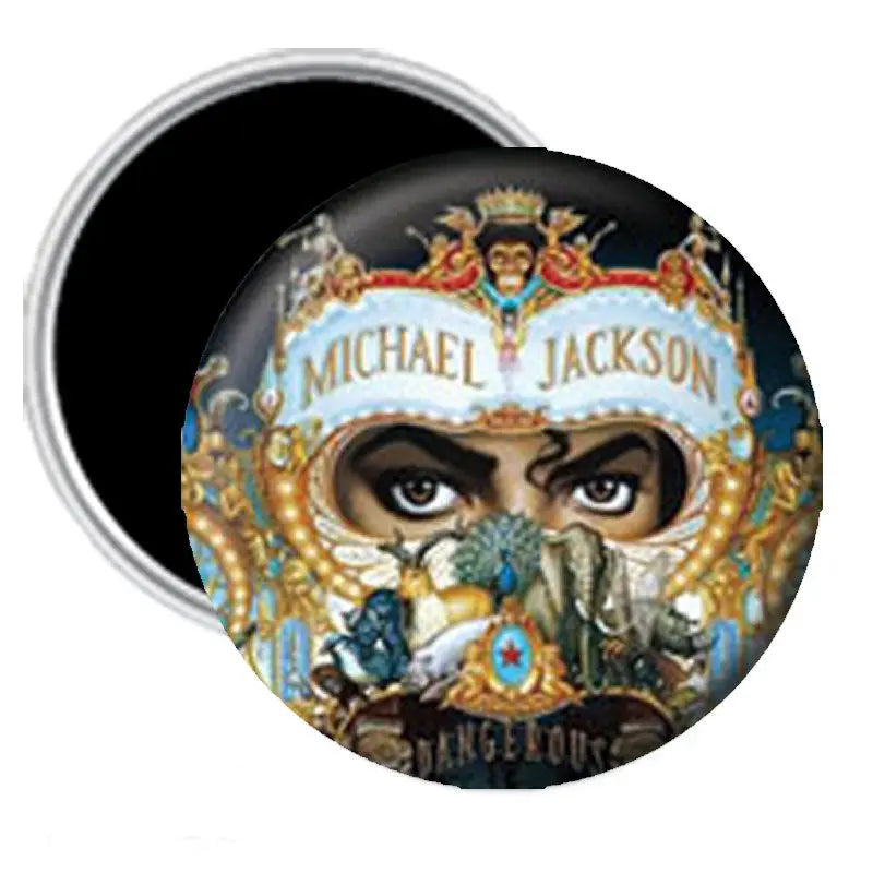 Round Michael Jackson album art magnet, 1.25-inch silver rim, face illustration