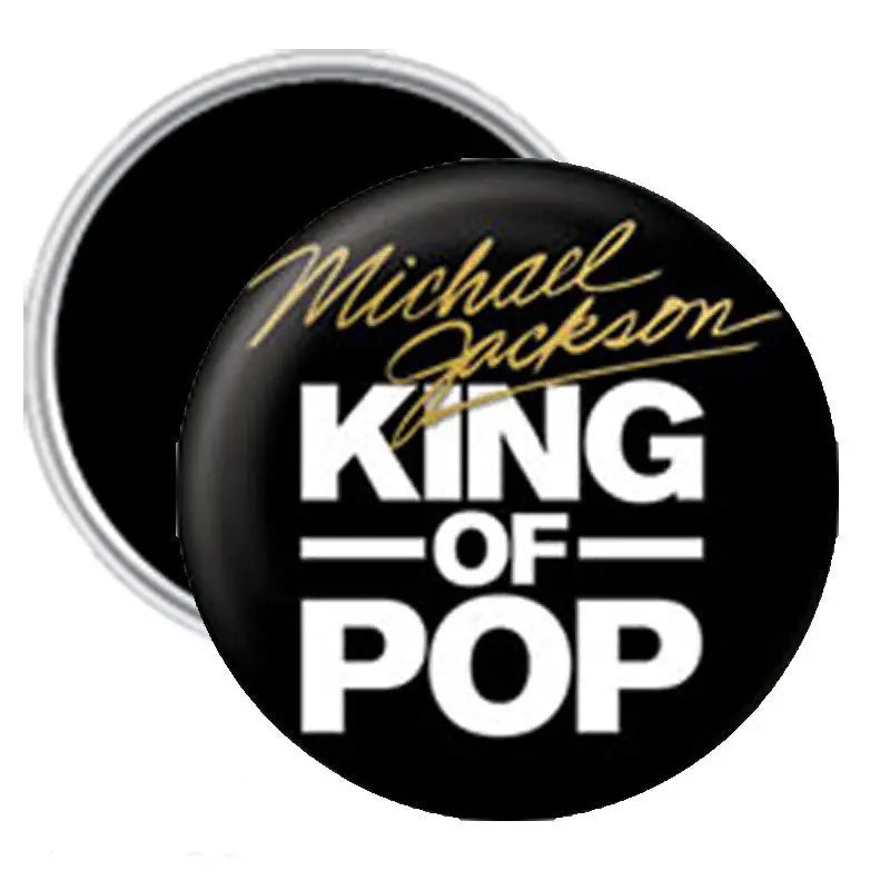 Round black refrigerator car magnet with silver rim, “KING OF POP” and “Michael Jackson” text