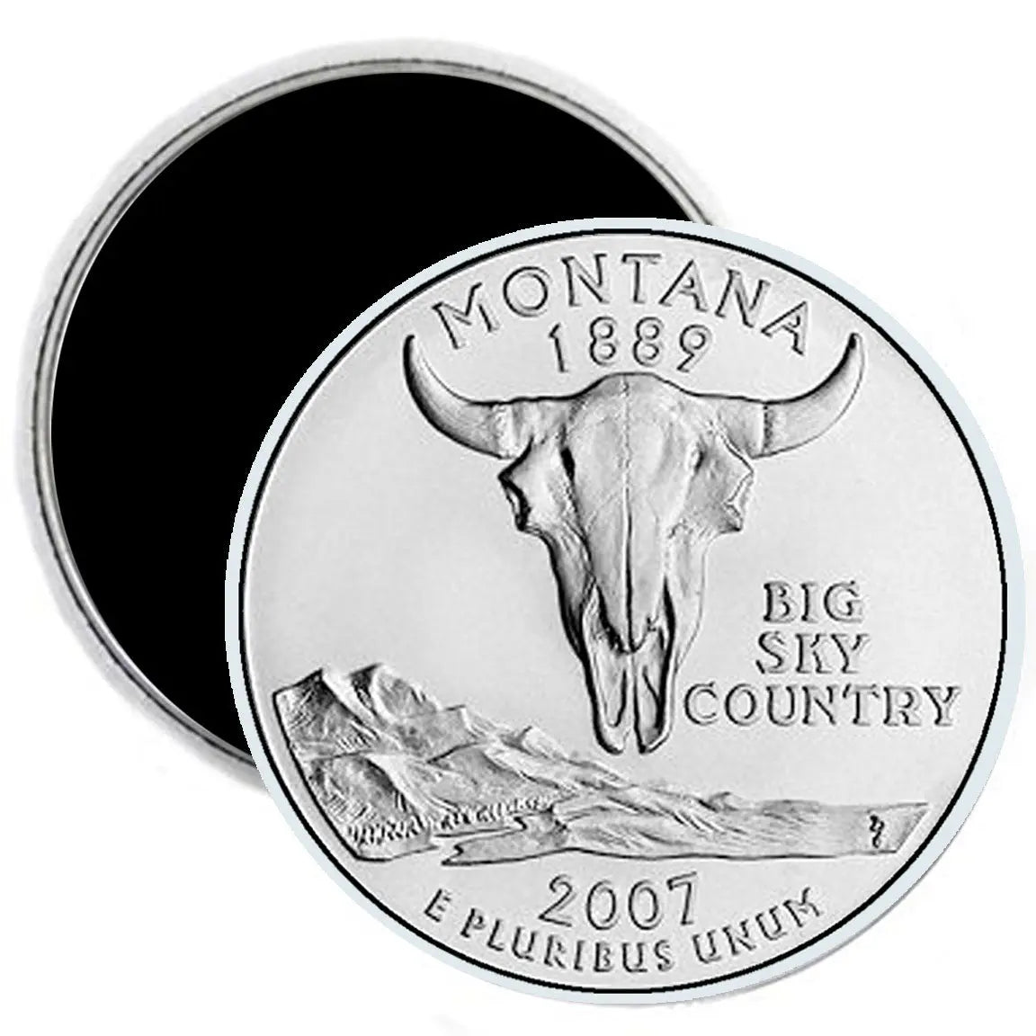 Round Montana state quarter-style magnet with buffalo skull and Big Sky Country text