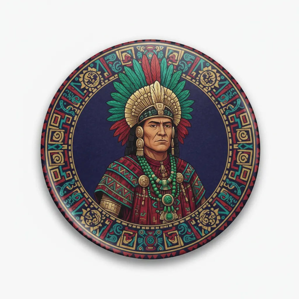 Aztec Moctezuma II Pin Button, circular design with colorful headdress portrait