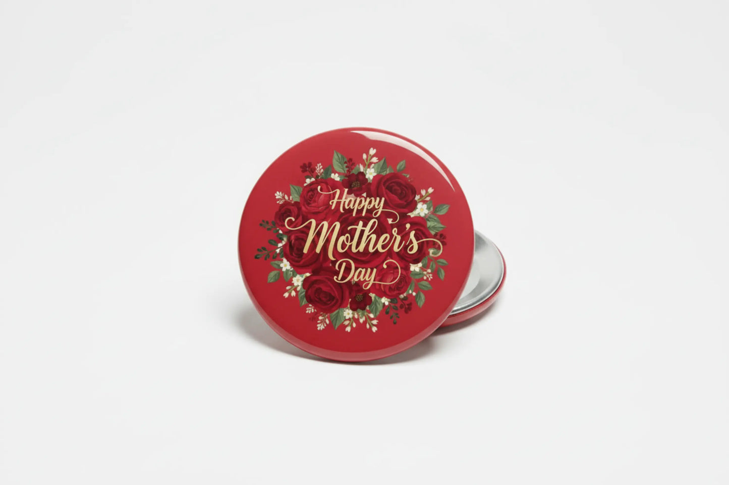 2.25-inch round red Mother's Day pinback badge with floral wreath and 'Happy Mother's Day' text