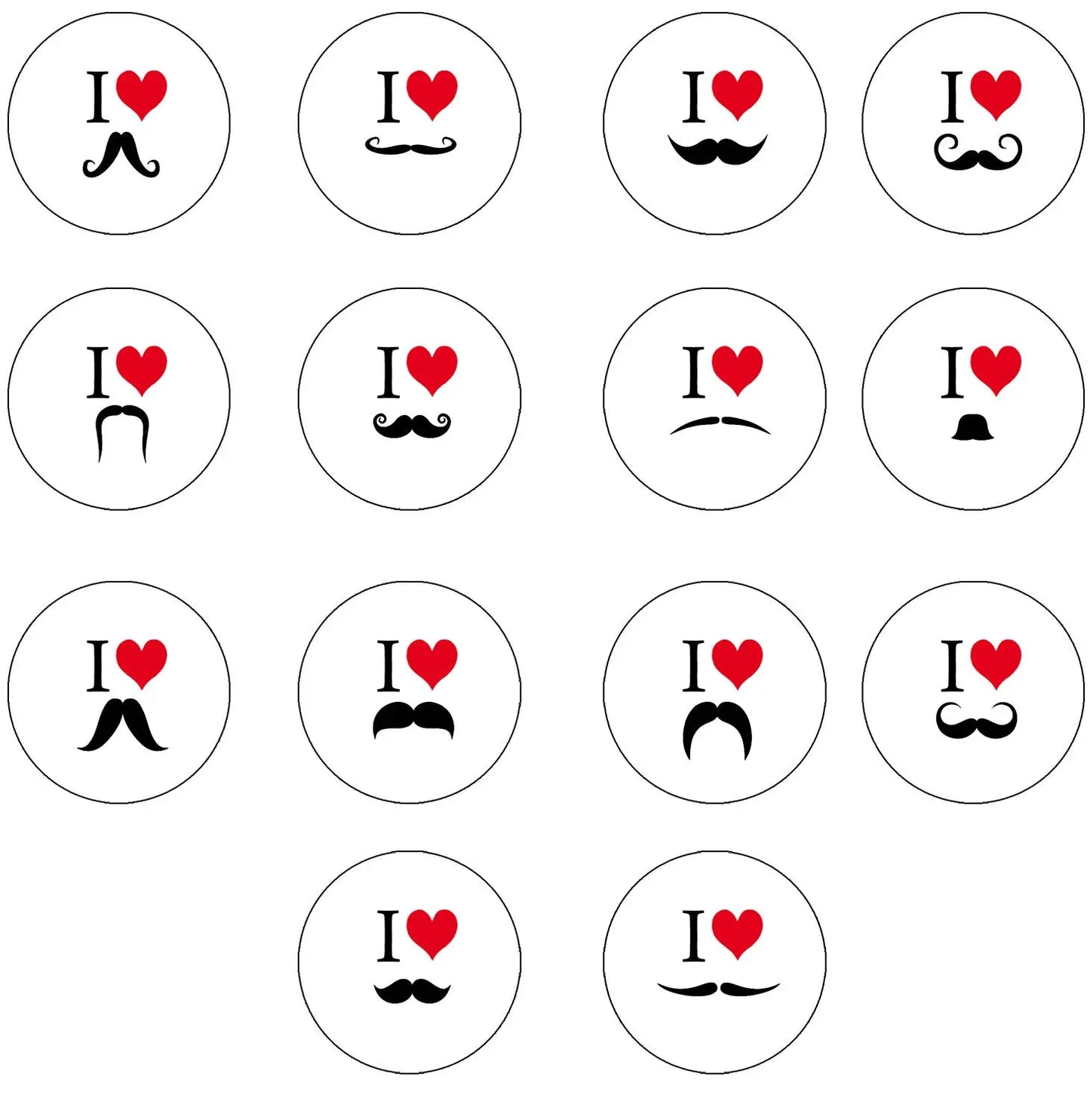 Moustache pinback buttons: round pins with 'I ♥' and various mustache designs