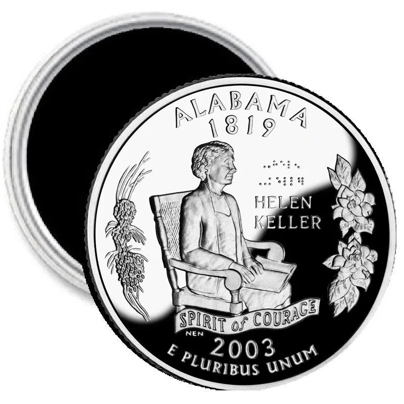 Round coin-shaped Alabama magnet with Helen Keller portrait and floral design, text ALABAMA 1819