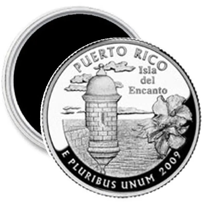 Circular Puerto Rico quarter-style magnet with lighthouse and flower, 'Isla del Encanto'