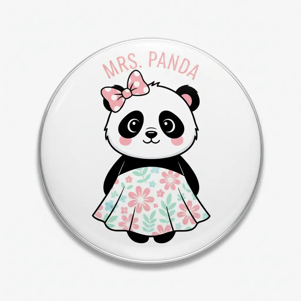 Mrs Panda Bear pinback button, 2.25-inch, white panda with bow and pink dress