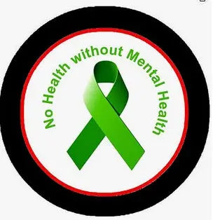 Green awareness ribbon pin with circular text on black-and-red border