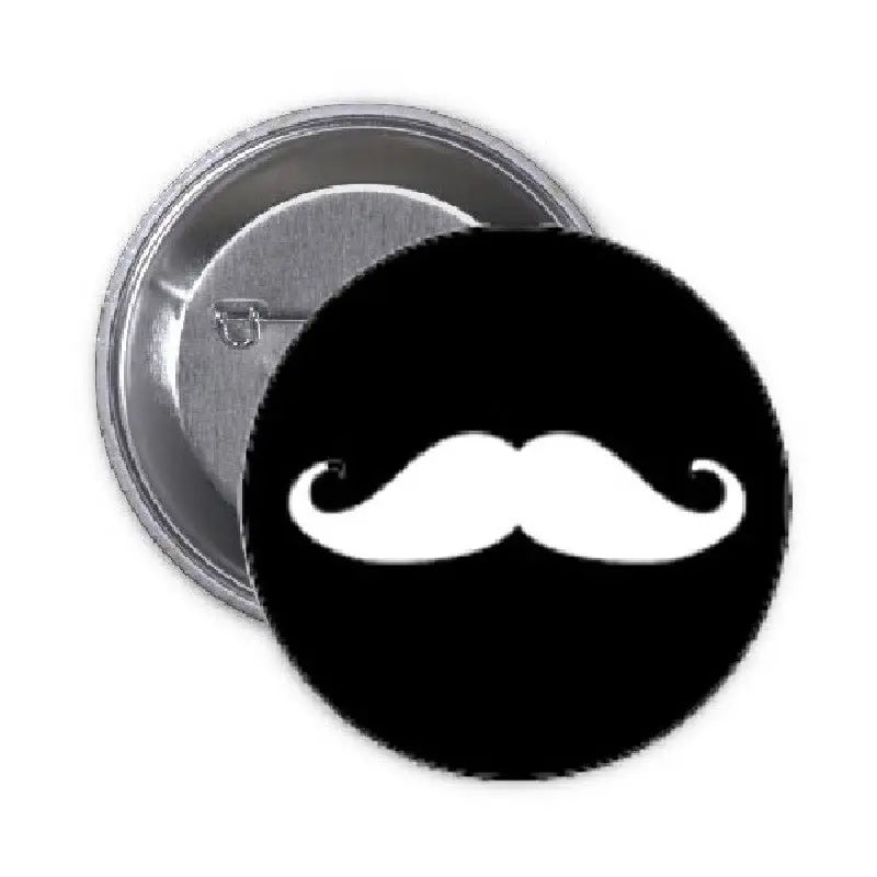 Round black pinback button with white mustache graphic and silver edge, 1.25-inch