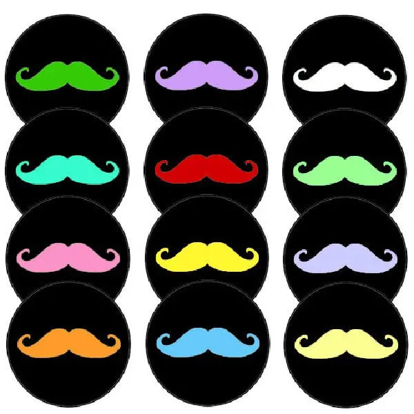 Set of 12 round black pinback buttons with colorful mustache icons