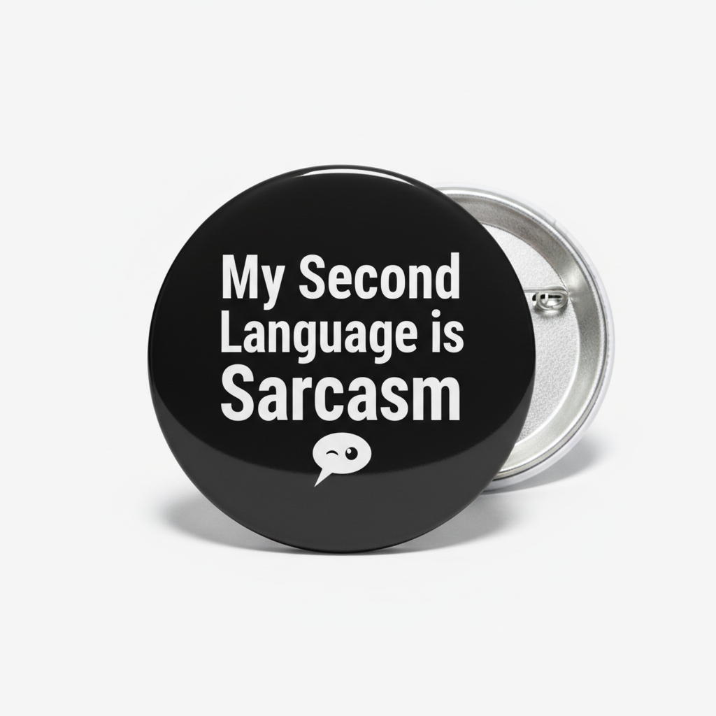 Sarcasm pinback button: black with white text 'My Second Language is Sarcasm'