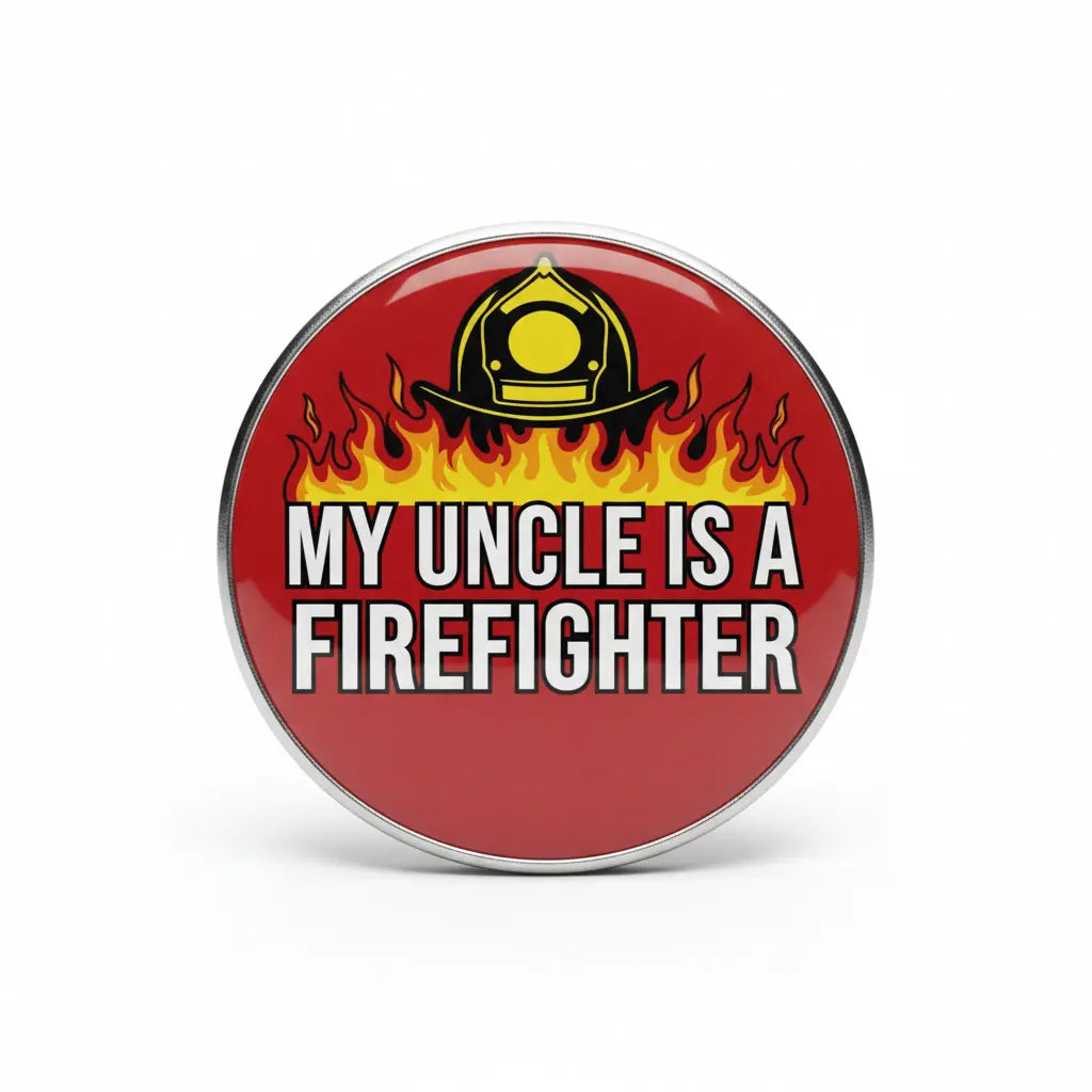 Round red firefighter pinback button with helmet, flames, and bold text