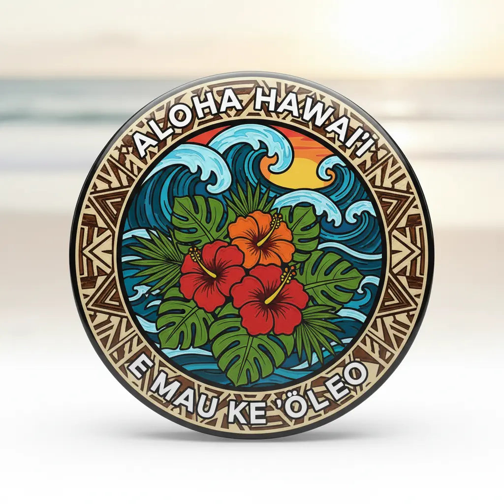 Round Hawaiian pinback button with blue waves, hibiscus flowers, and patterned border