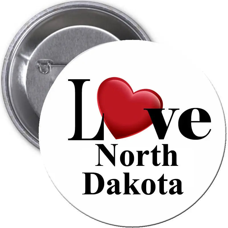 I Love North Dakota pinback button, round metal with red heart and text