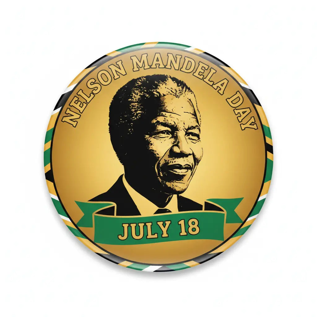 Round Nelson Mandela Day pinback button with Mandela portrait and “JULY 18” text
