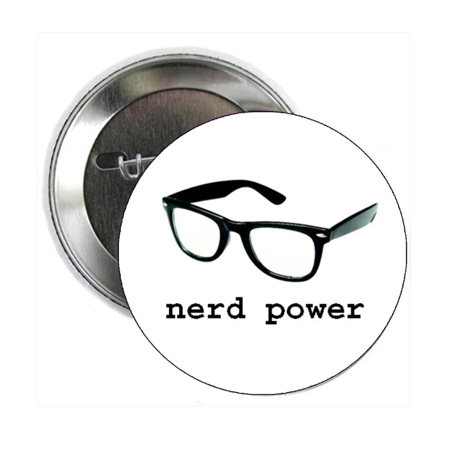 Nerd Power pinback button with black glasses and nerd power text, round metal back