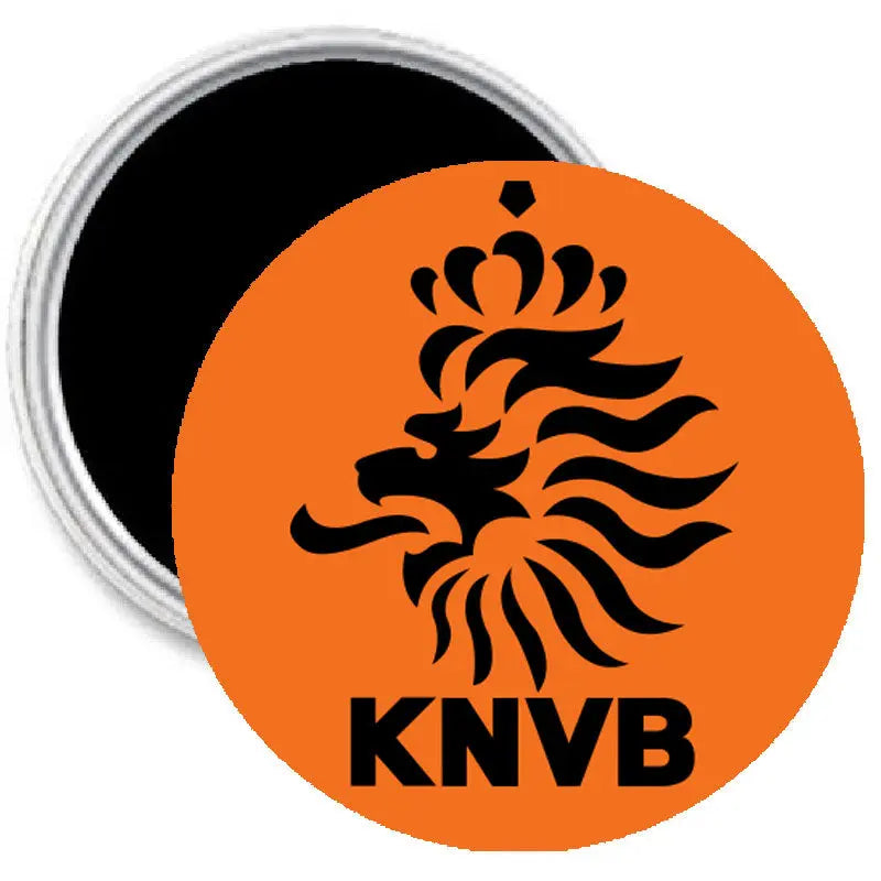 KNVB logo soccer magnet, round orange emblem on dark border