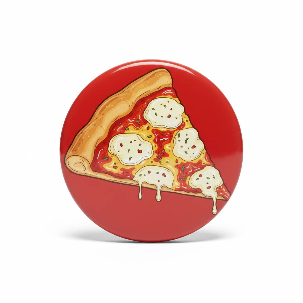 Red round pizza Pin Button with New York–style pepperoni slice artwork