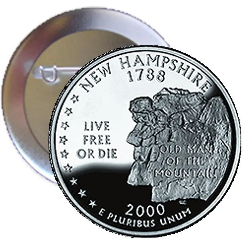 New Hampshire state quarter style mint pinback, silver-tone coin with horse rider engraving