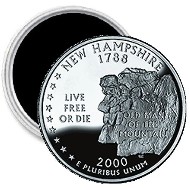 New Hampshire state quarter-style image magnet, 2.25-inch coin with “Live Free or Die” text