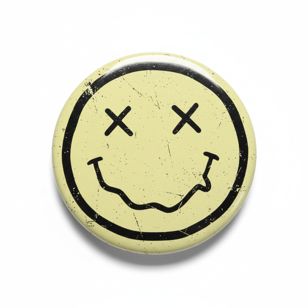 Round pinback button with distressed black smiley face on light yellow background