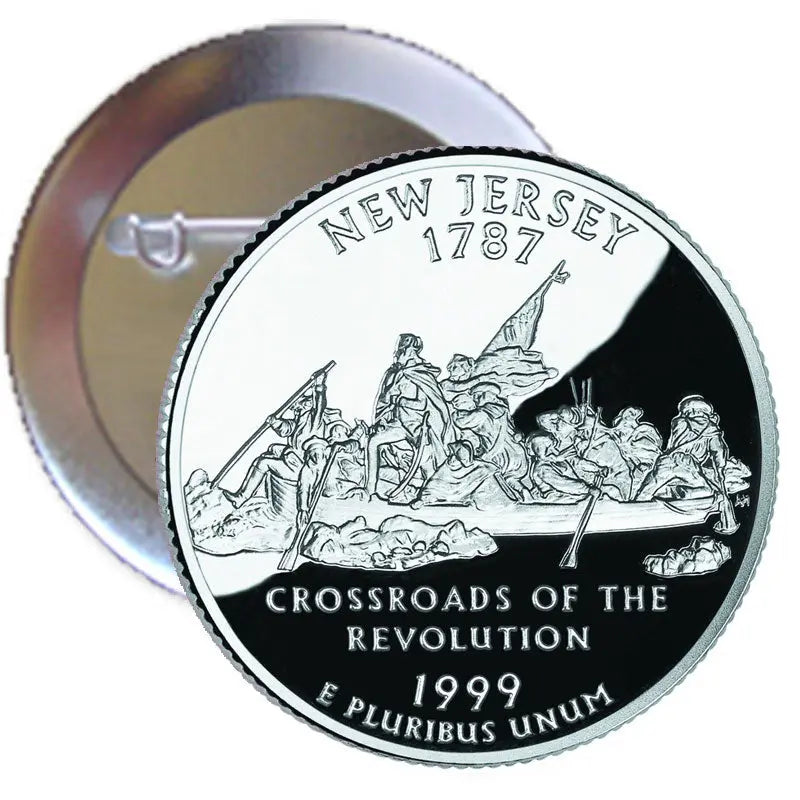 Round silver-tone pinback featuring New Jersey 1787 and crossroads of the revolution text