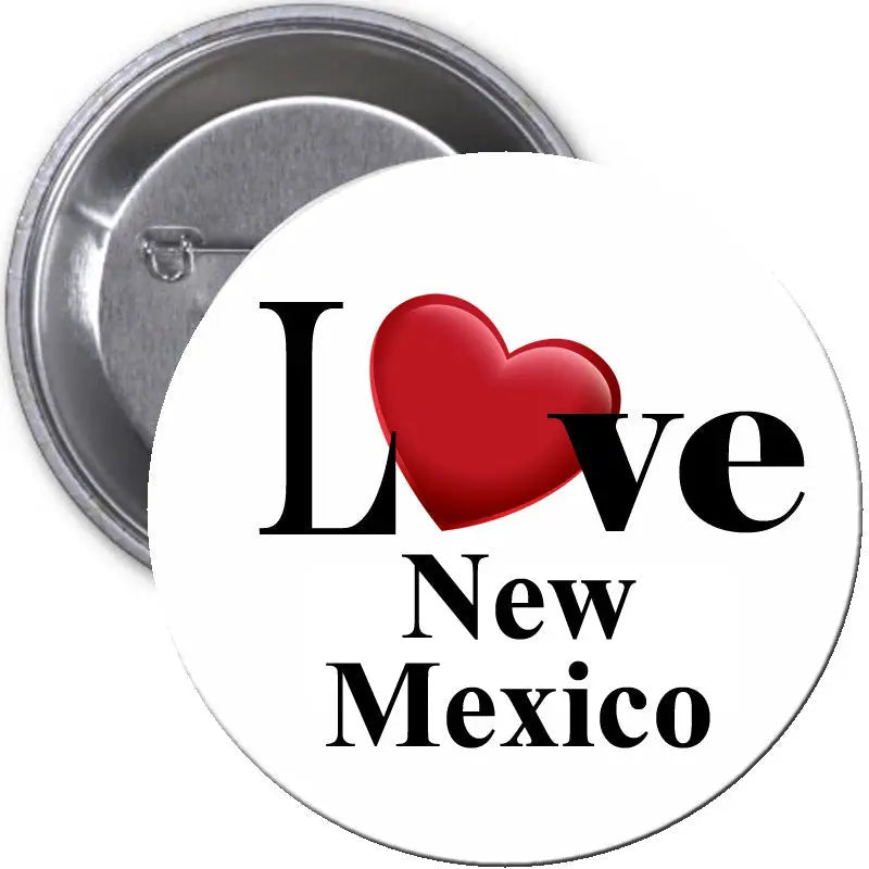 Round I Love New Mexico pinback button with white face, red heart, black text
