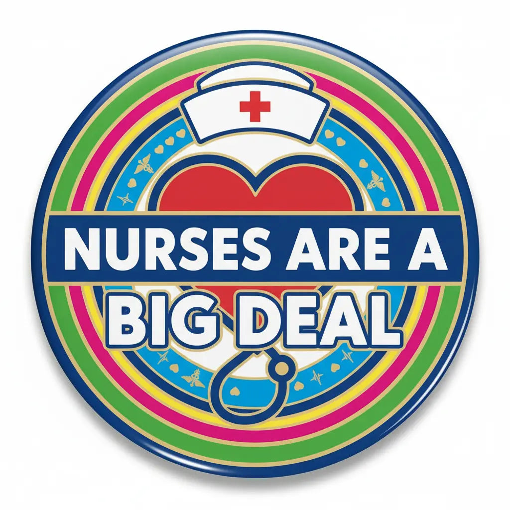 Round pinback button with rainbow border, nurse cap icon, and text “NURSES ARE A BIG DEAL”