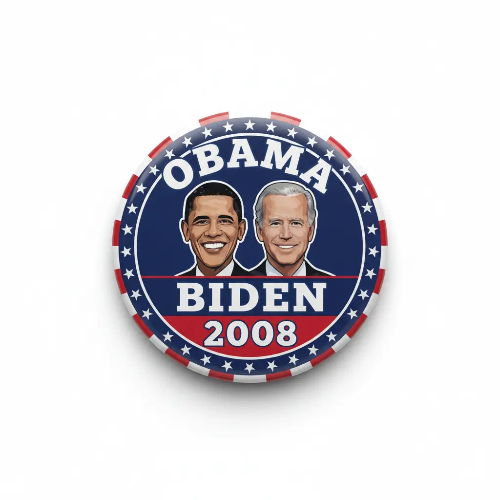 2008 Obama and Biden pinback button, round navy face with stars and red border