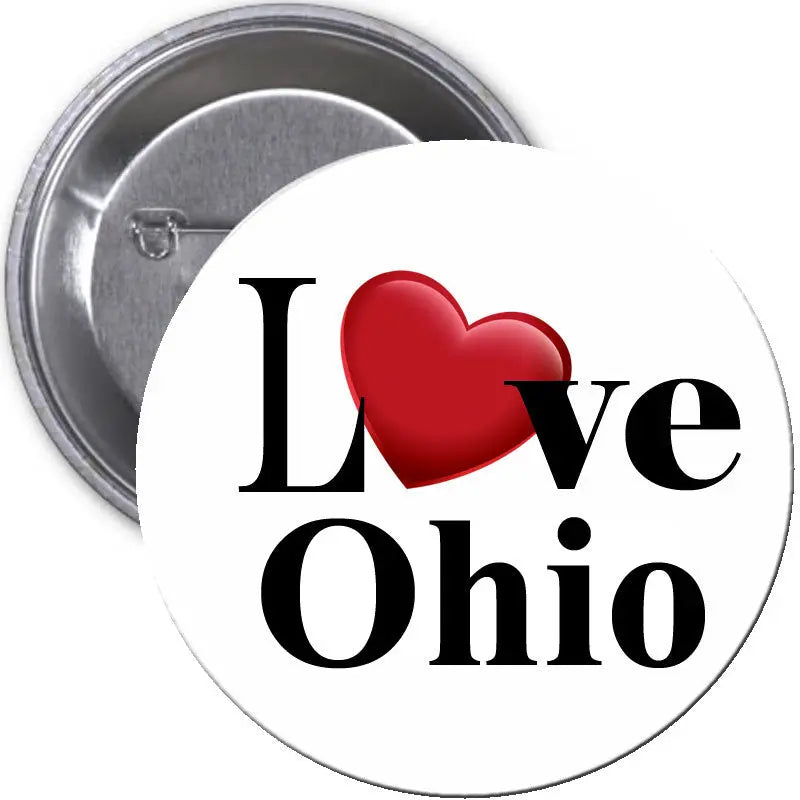 2.25-inch round pinback button with red heart and 'Love Ohio' text