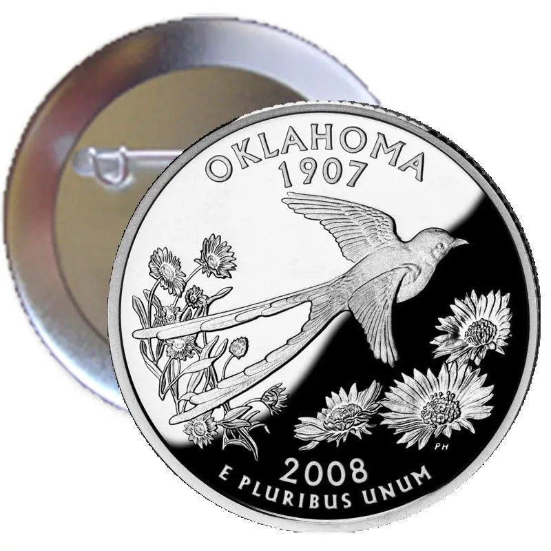 Oklahoma 1907 quarter mint pinback button with bird and floral design, 2.25-inch