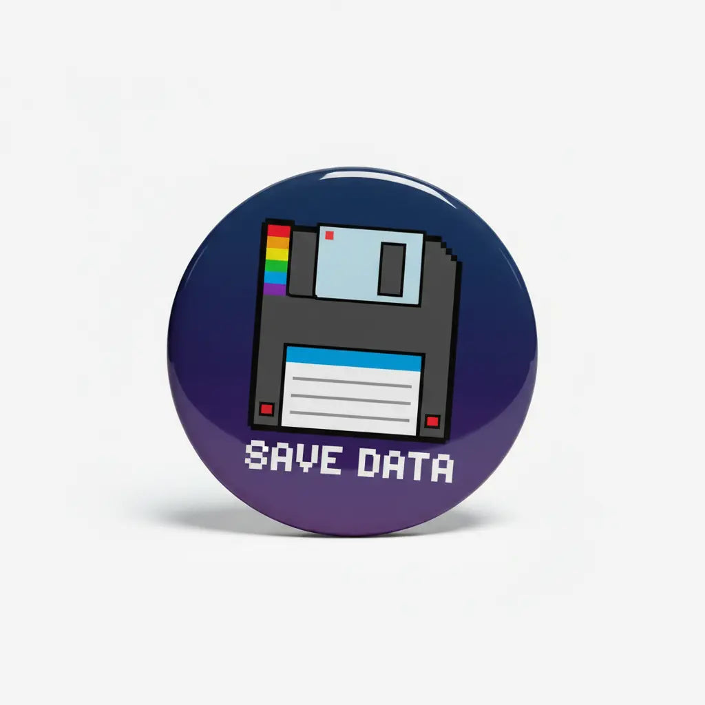 Floppy disk pinback button with “SAVE DATA” text, dark blue circular design
