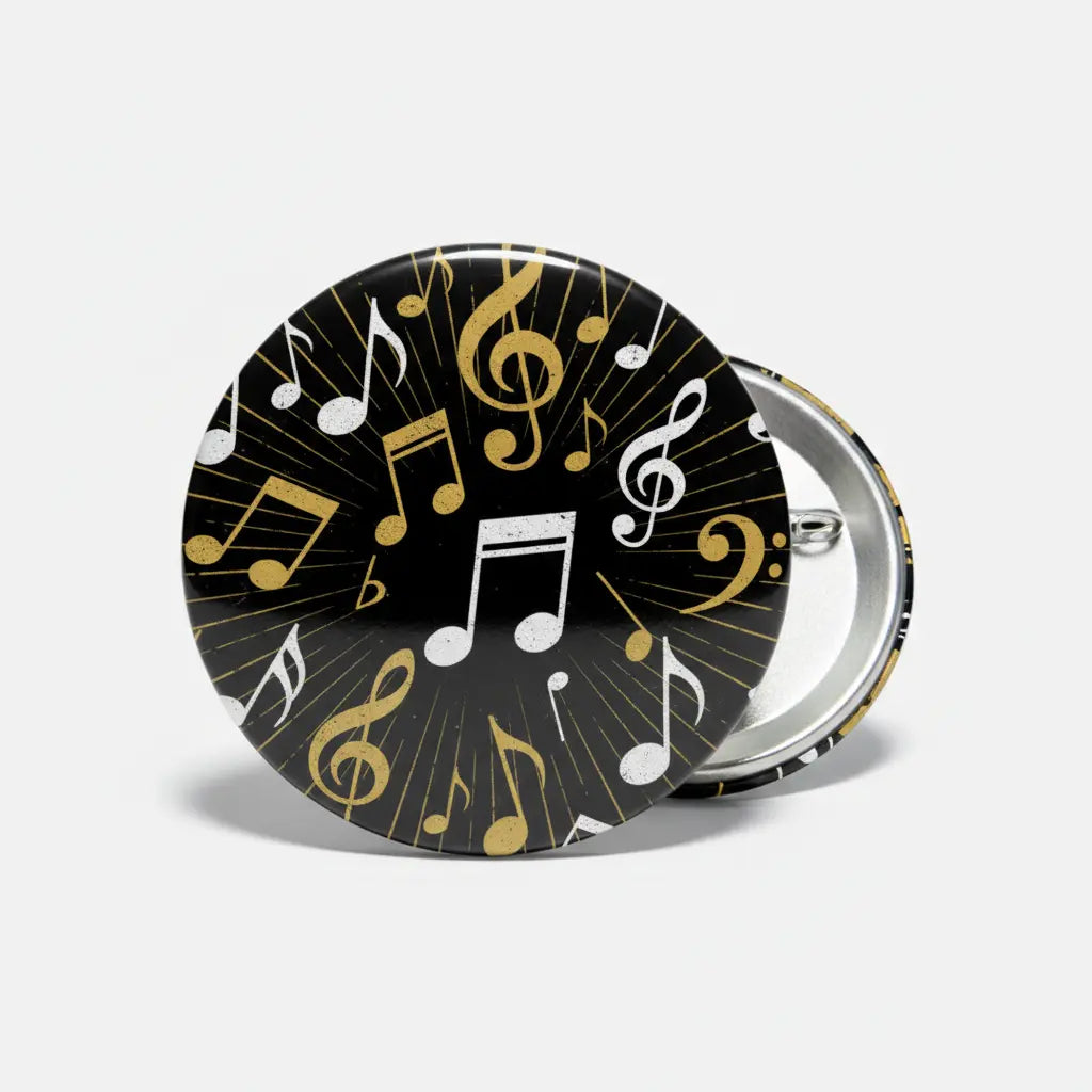 2.25-inch pinback button with black musical notes and gold treble clef design