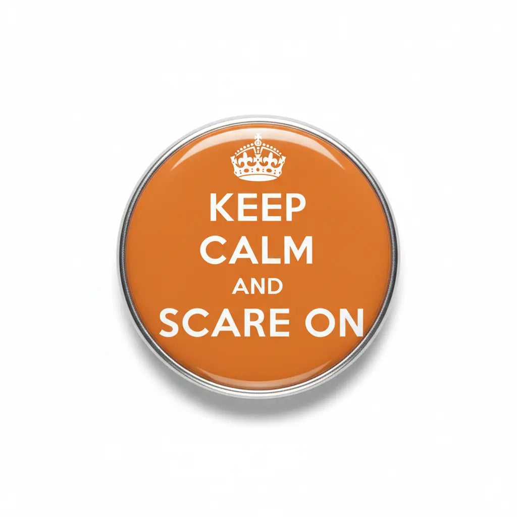 Orange keep calm and scare on crown pinback button, 2.25-inch