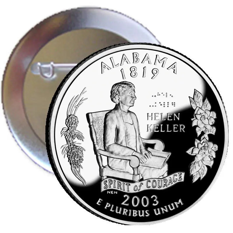 Alabama State Quarter mint pinback button with raised coin design and clasp pin, 2.25 in