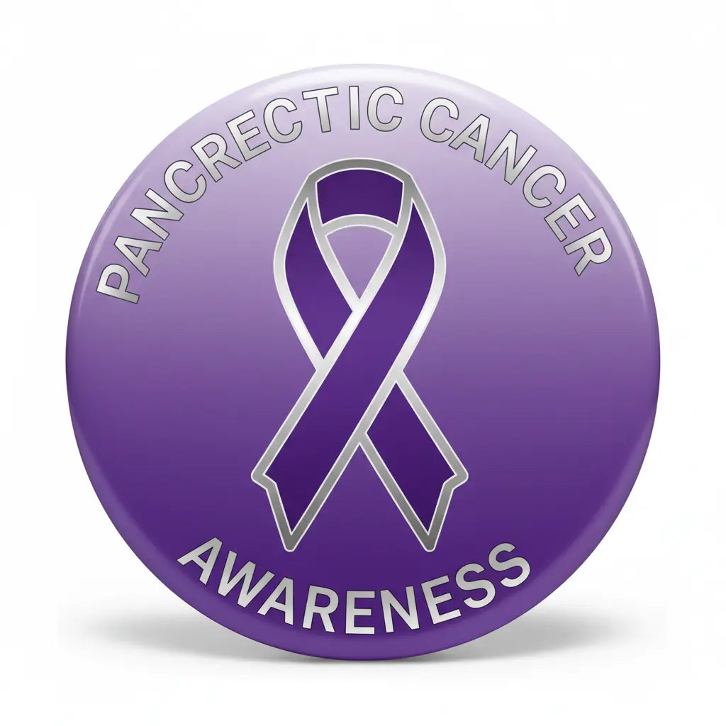 Purple pancreatic cancer awareness pinback button with white ribbon and curved text