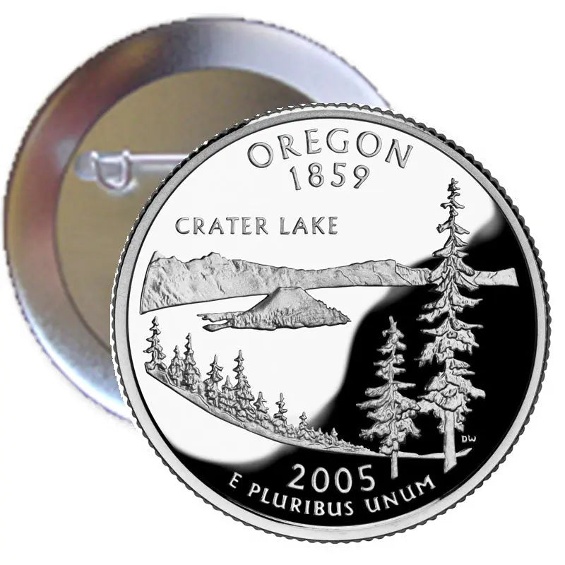 Round Oregon 1859 pinback button with Crater Lake mountain and pine tree scene, 2005