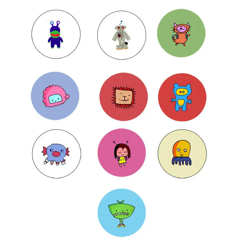 Paper Chase mutant pinback button set, 10 round 1.25-inch character designs