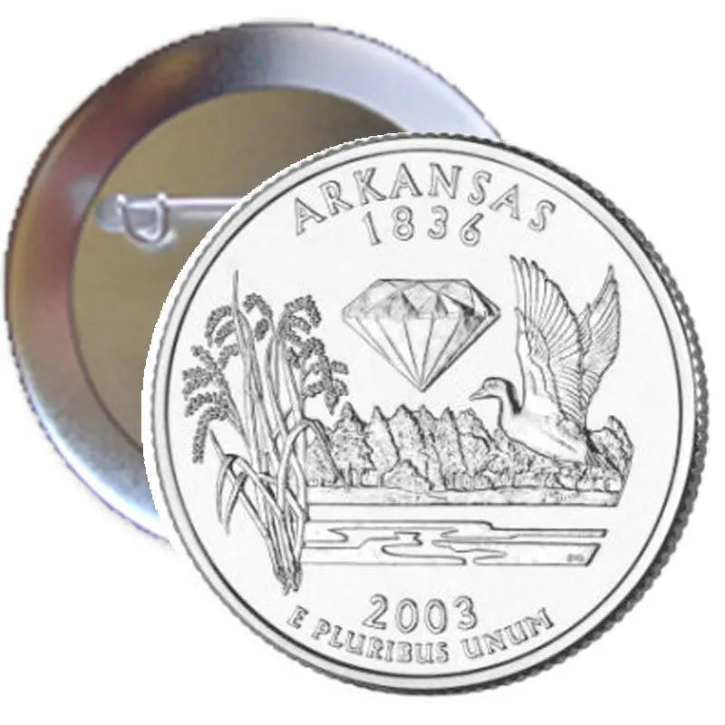 Arkansas State quarter pinback, round silver-toned design with diamond and “ARKANSAS 1836”