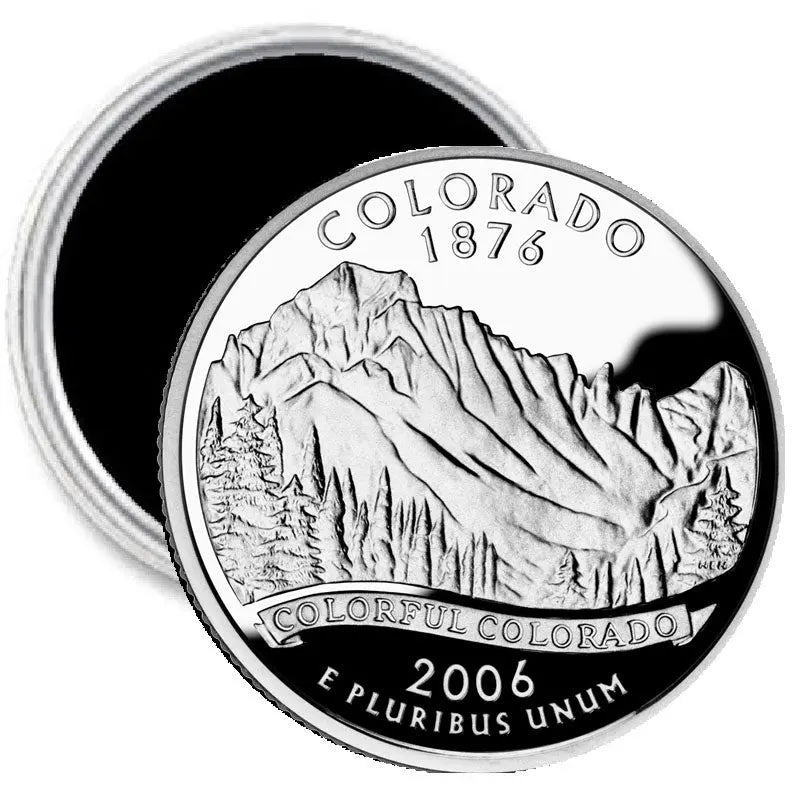 Colorado State quarter mint image magnet, 2.25-inch: silver circular coin with mountains