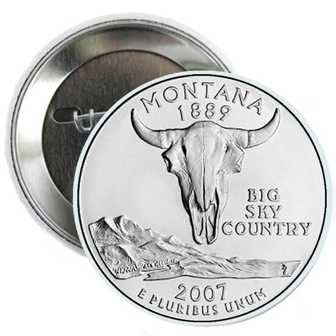 Round silver Montana state quarter pinback with buffalo, Big Sky Country, 2007 text
